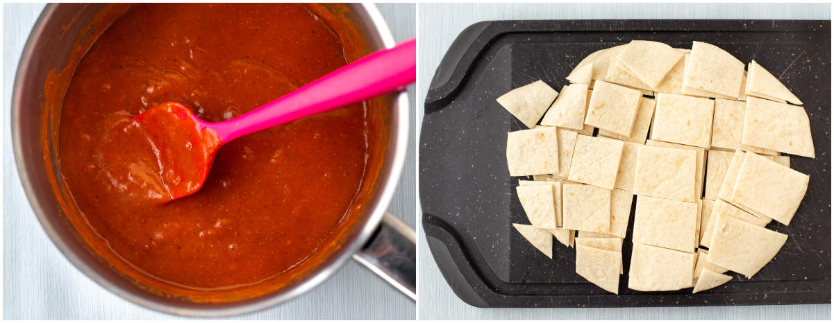 A collage showing homemade enchilada sauce and a tortilla cut into pieces.