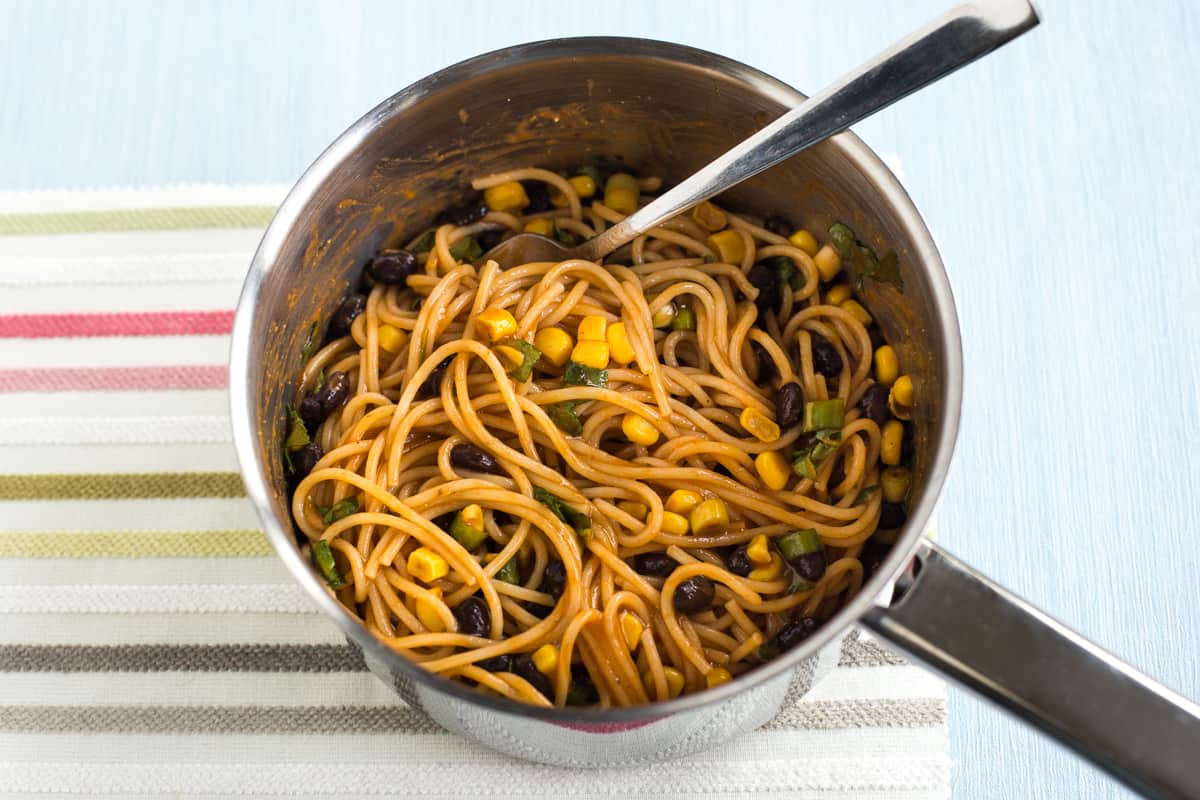 Enchilada noodles in a saucepan
