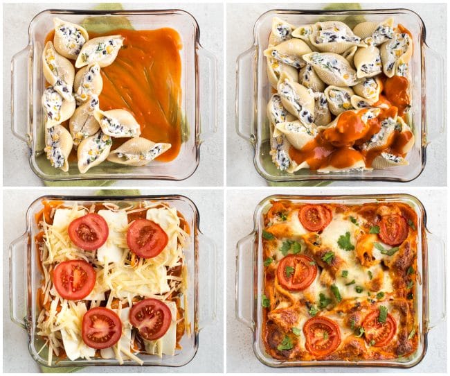 Collage showing enchilada stuffed pasta shells being layered up in a baking dish