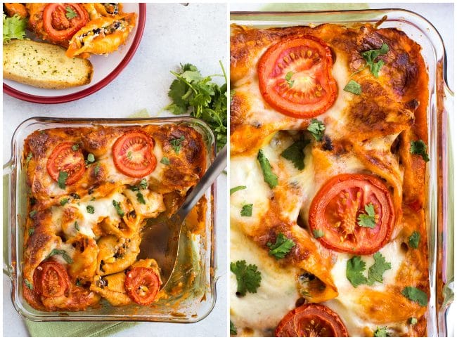 Collage showing cheesy enchilada stuffed pasta shells in a baking dish