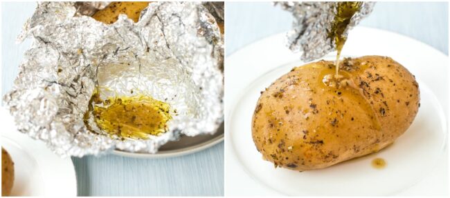 Extra garlic butter being drizzled over a slow cooker jacket potato.
