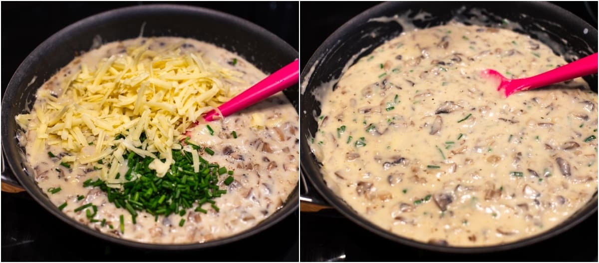 Collage showing a creamy garlic mushroom cheese sauce.