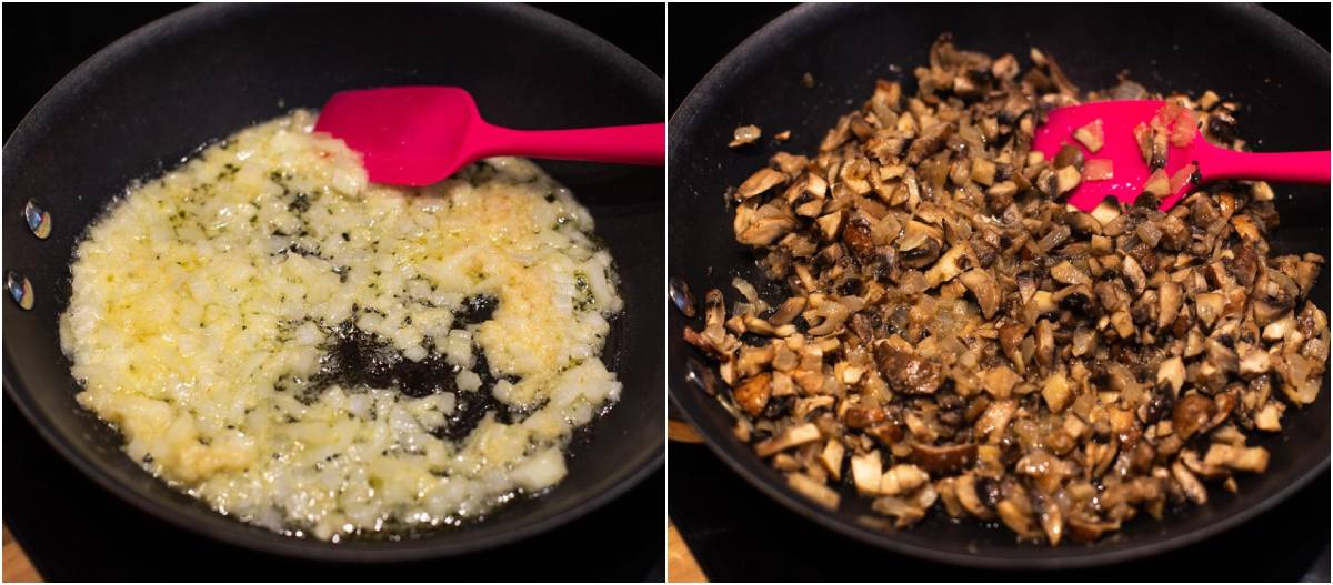 Collage showing onions and mushrooms being cooked in a frying pan.