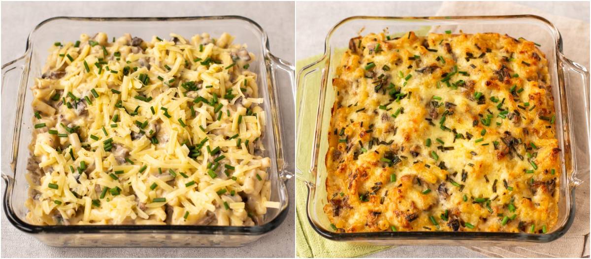 Garlic mushroom mac and cheese before and after baking.