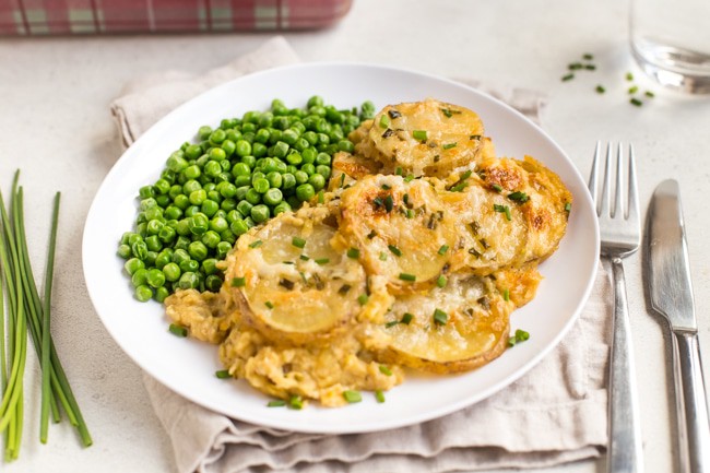 Goat's cheese and potato lentil gratin.