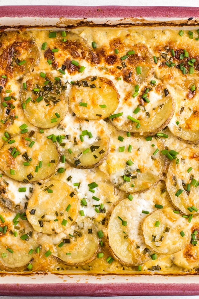 Close-up of crispy cheese topping on lentil and potato gratin