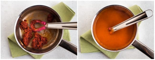 Collage showing homemade enchilada sauce being made