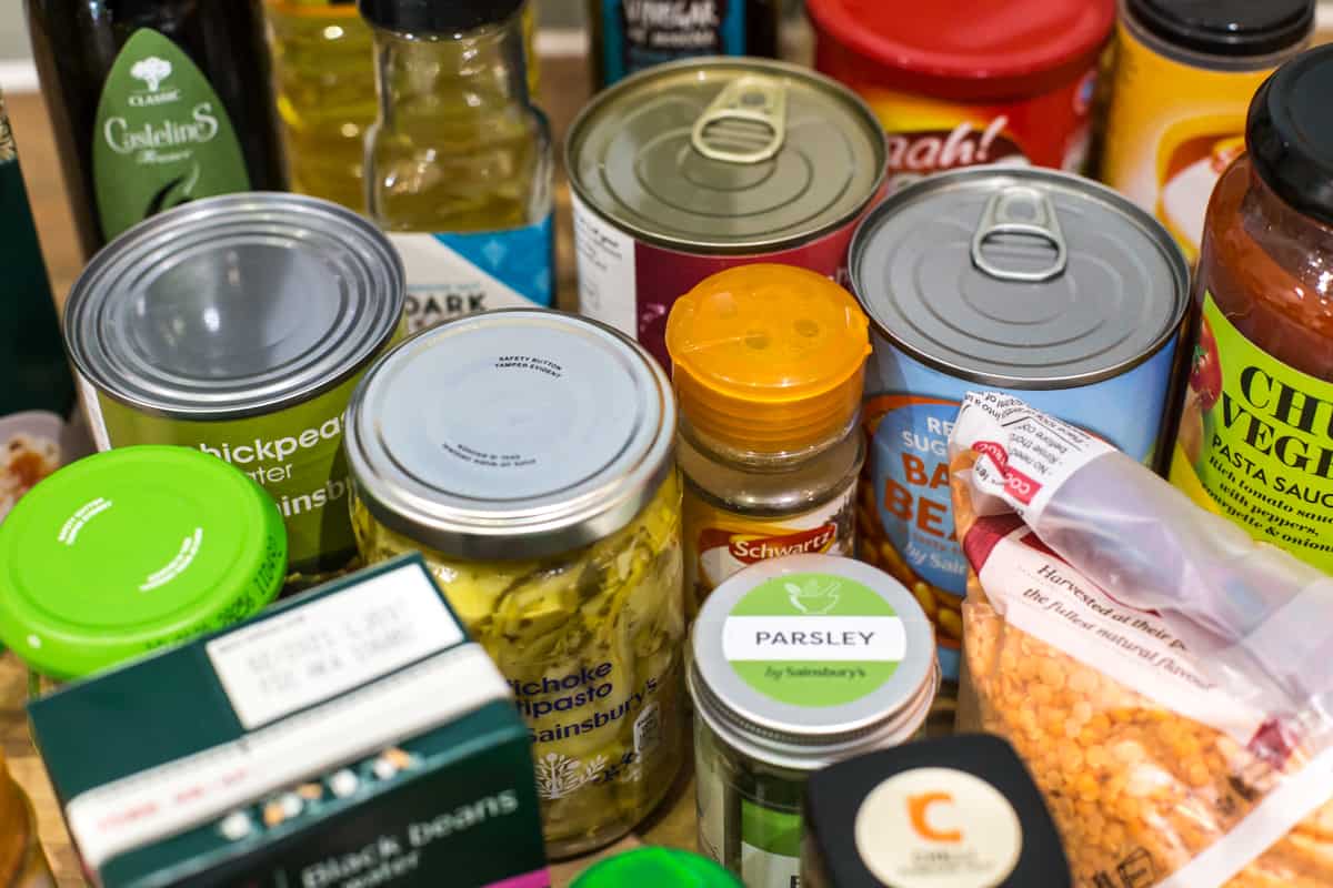 Various vegetarian pantry items.