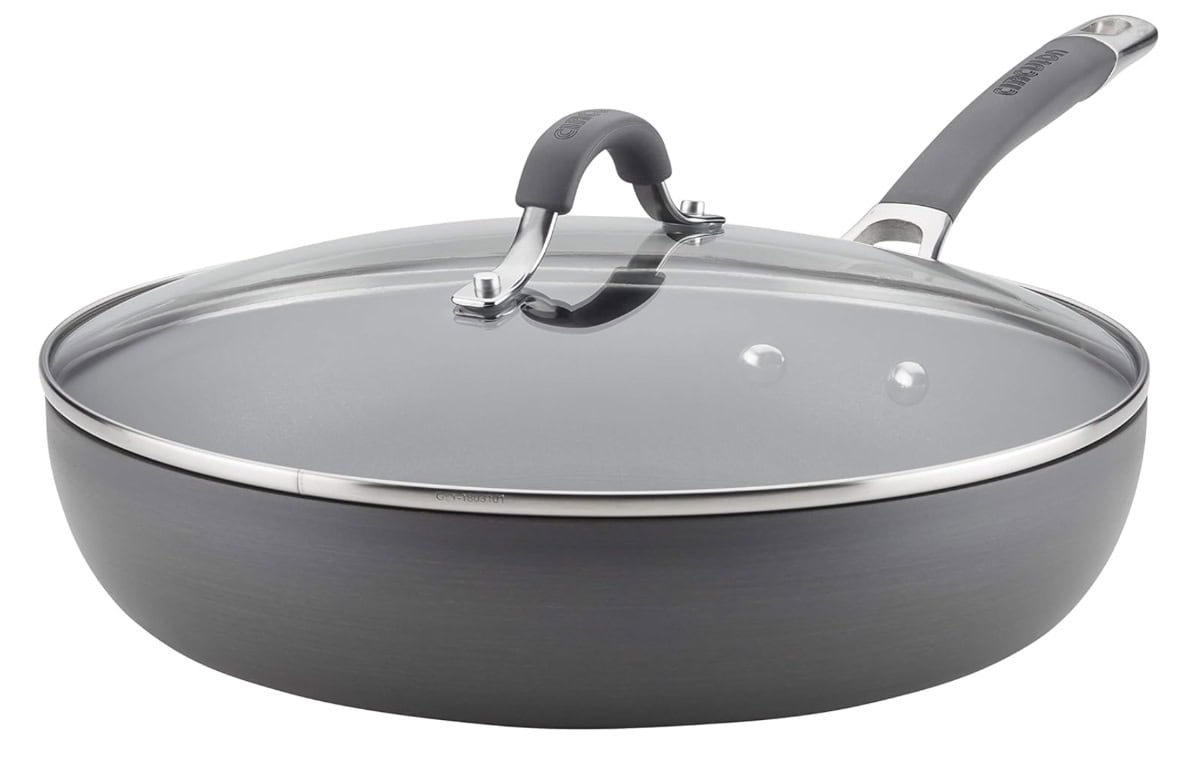 A Circulon non-stick pan with a lid, on a white background.