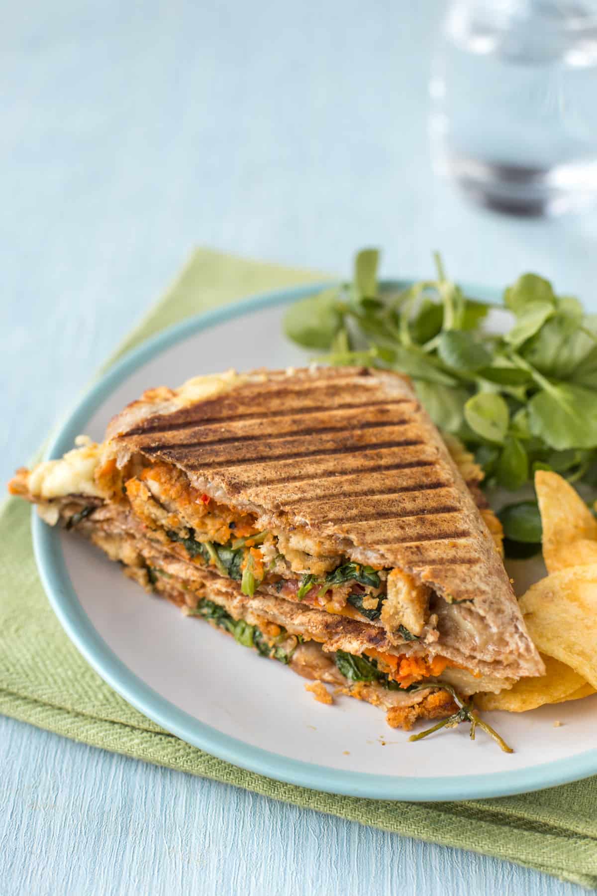 A stuffed tortilla wrap on a plate with watercress and crisps.