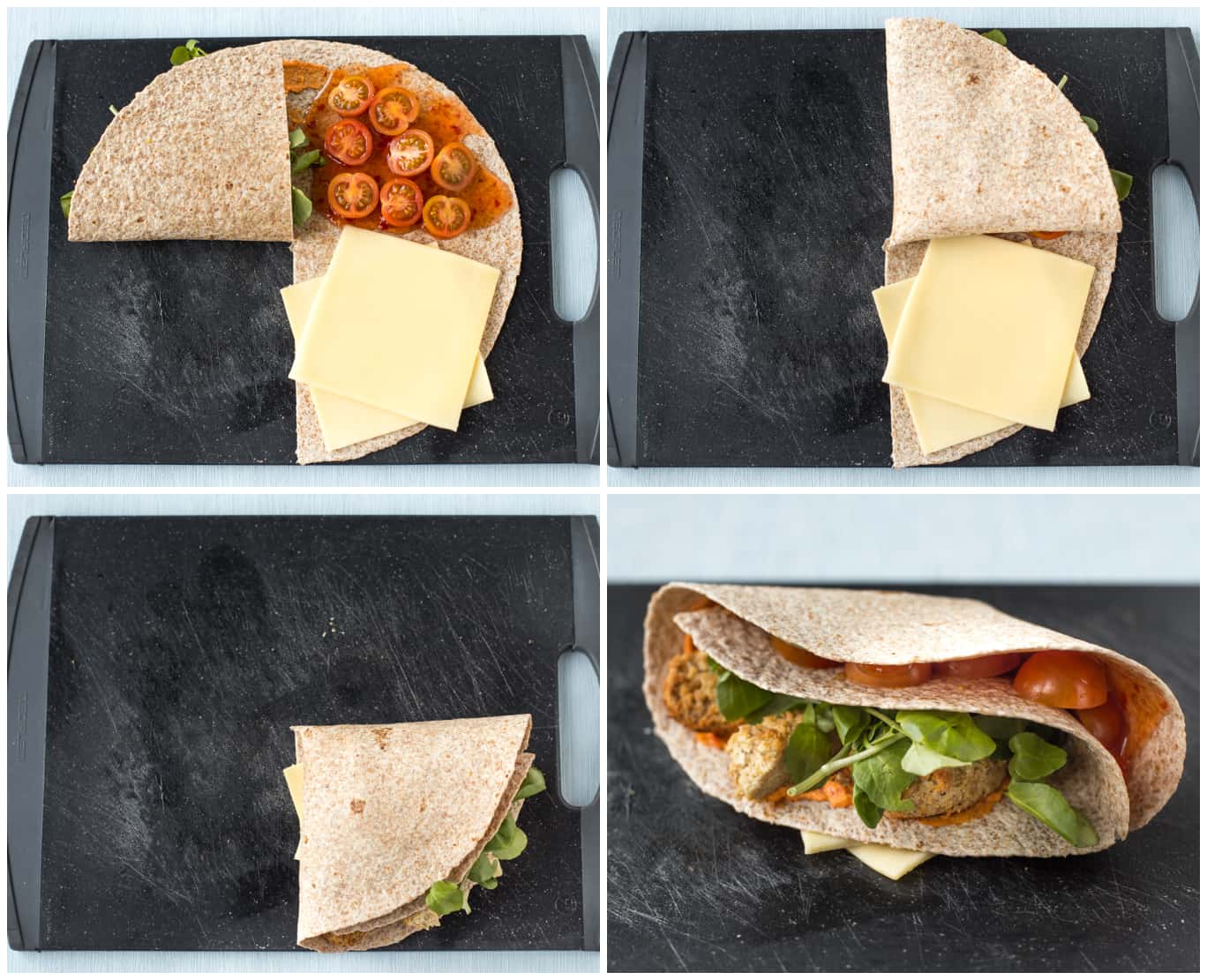 A collage showing how to fold a tortilla for the viral layered tortilla trend on TikTok.