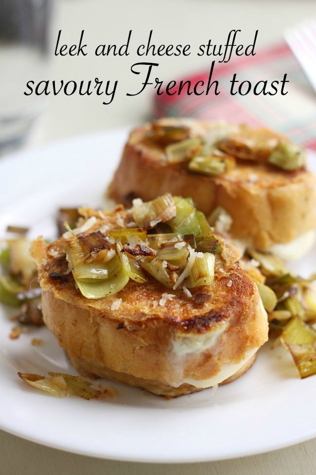 Leek and cheese stuffed savoury French toast - filled with gooey mozzarella, with a crispy parmesan coating, this French toast is great for a lazy weekend brunch!