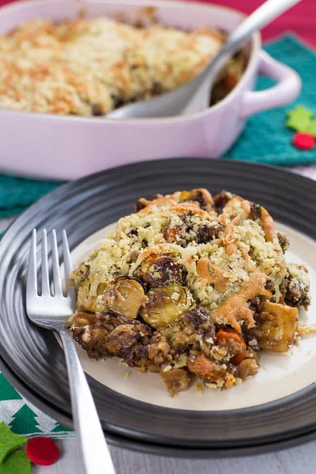 This vegetarian Christmas crumble may not be much of a looker, but it tastes super festive, and is a great way to use up your Christmas leftovers!