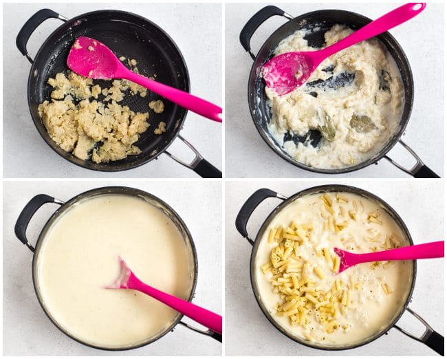 Collage showing white sauce being cooked and mixed with pasta