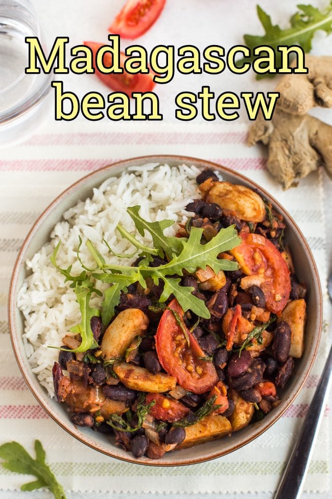 Madagascan bean stew in a bowl with rice