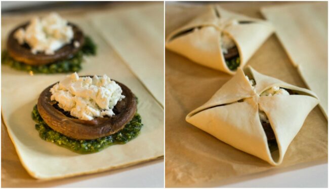 Easy mushroom and goat's cheese wellingtons with parsley pesto - a really easy version of a mushroom wellington! These individual pies are perfect for a vegetarian Christmas.