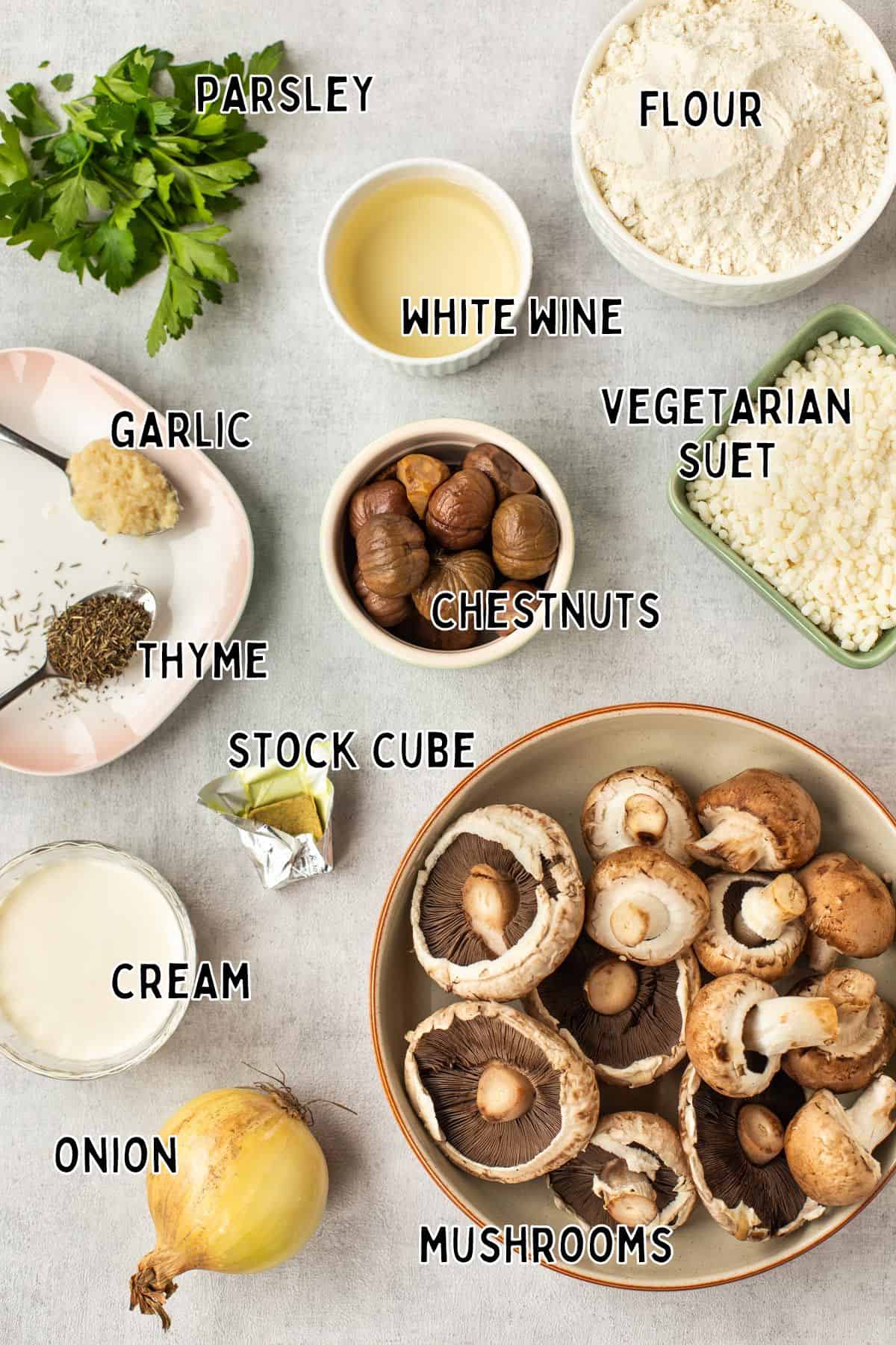 Ingredients for mushroom pie with chestnuts and a suet crust.