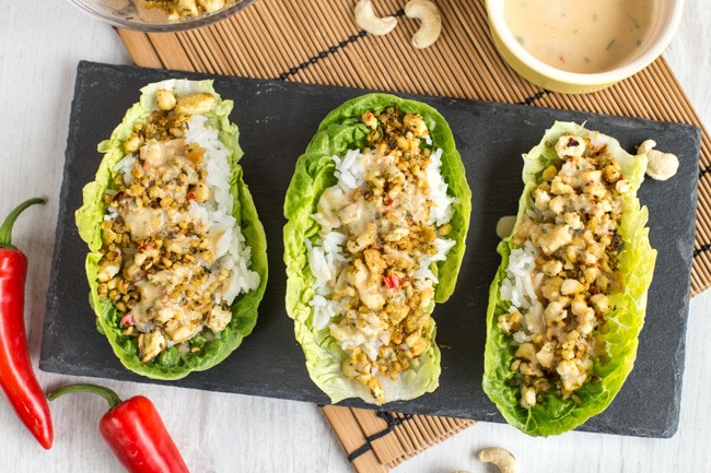 Nutty tofu lettuce wraps with peanut sauce