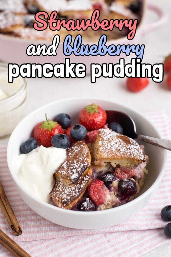 Portion of pancake pudding in a bowl with yogurt and fresh berries