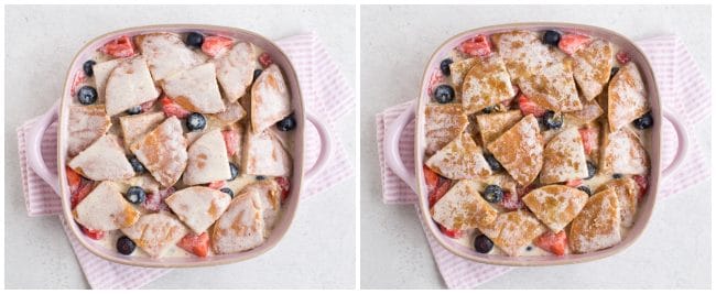 Collage showing pancake pudding with and without sugar topping