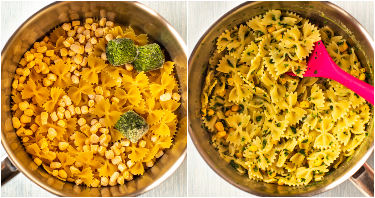 Pasta cooked with frozen sweetcorn and frozen spinach.