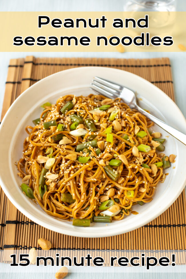 A portion of peanut noodles in a bowl topped with sesame seeds and chopped nuts.