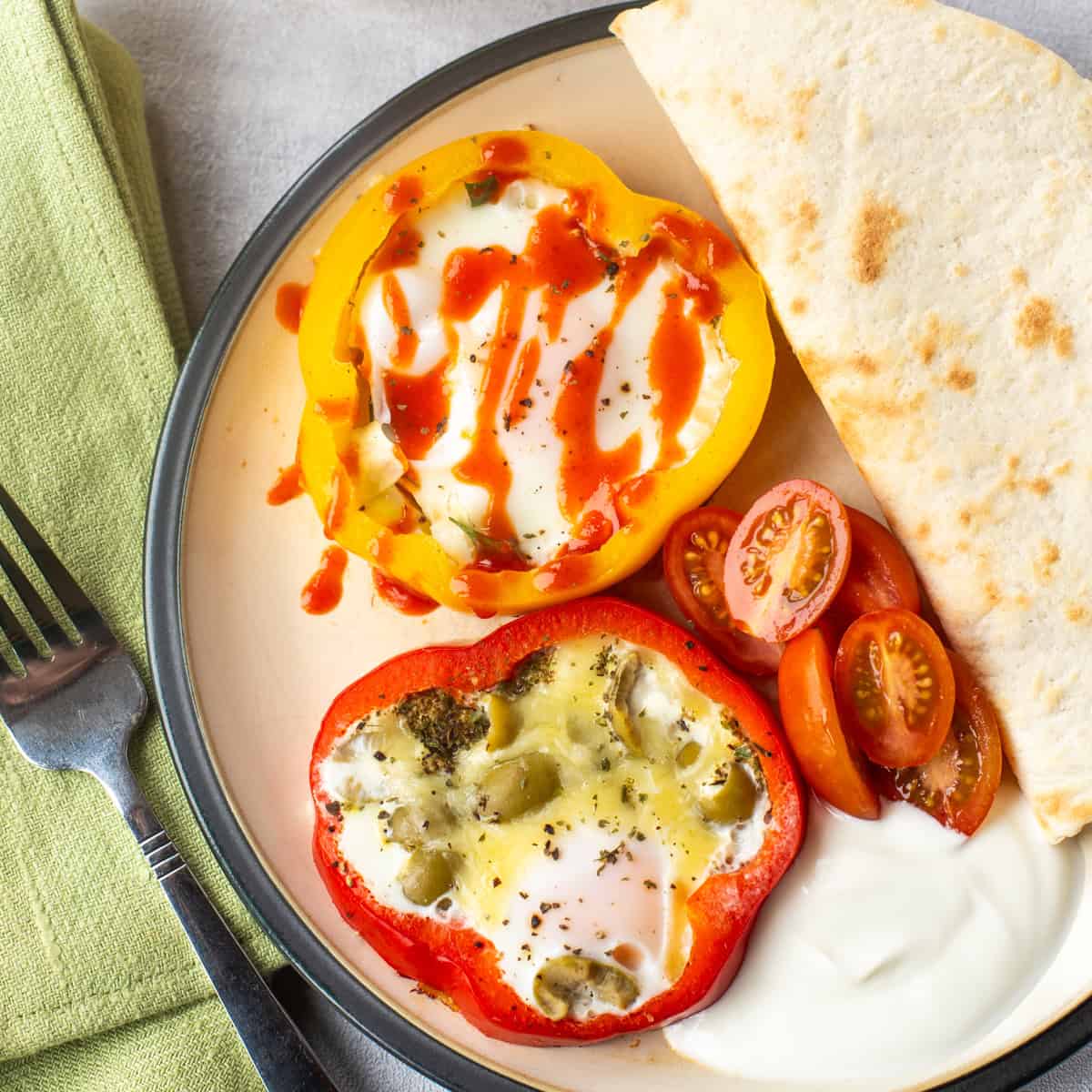 Pepper fried eggs served with a crispy tortilla.