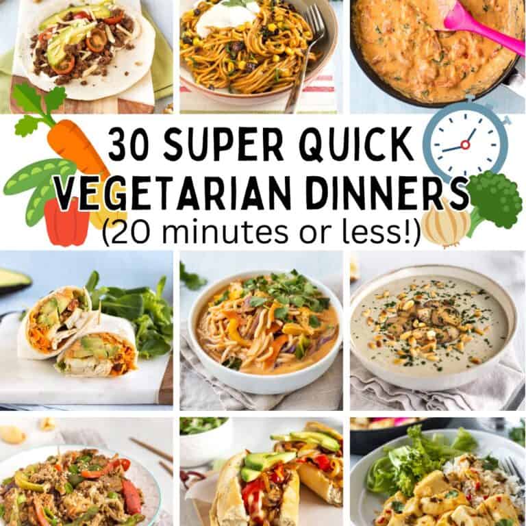 A collage showing super quick vegetarian dinners with text overlay.