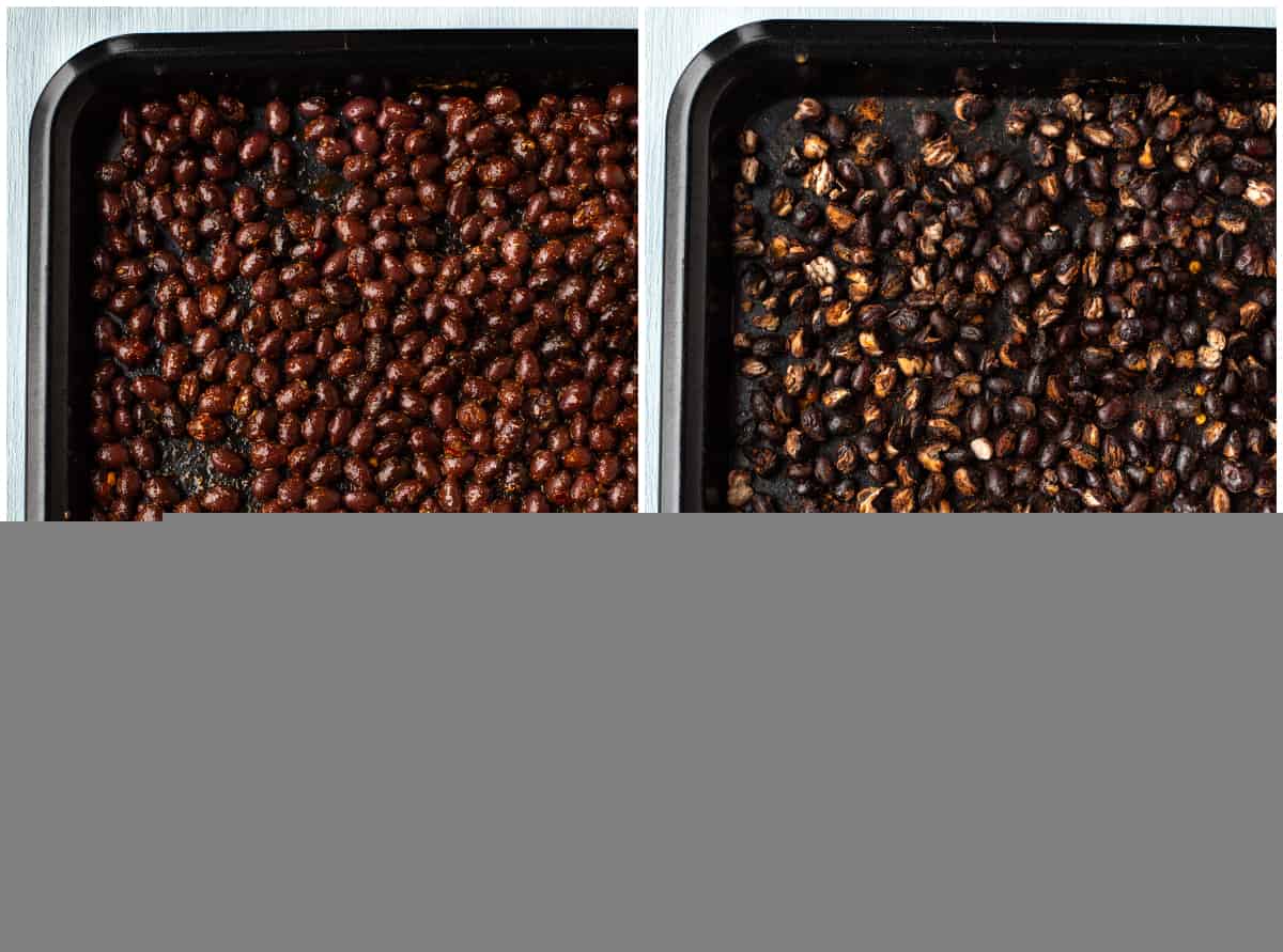 Collage showing black beans before and after roasting.
