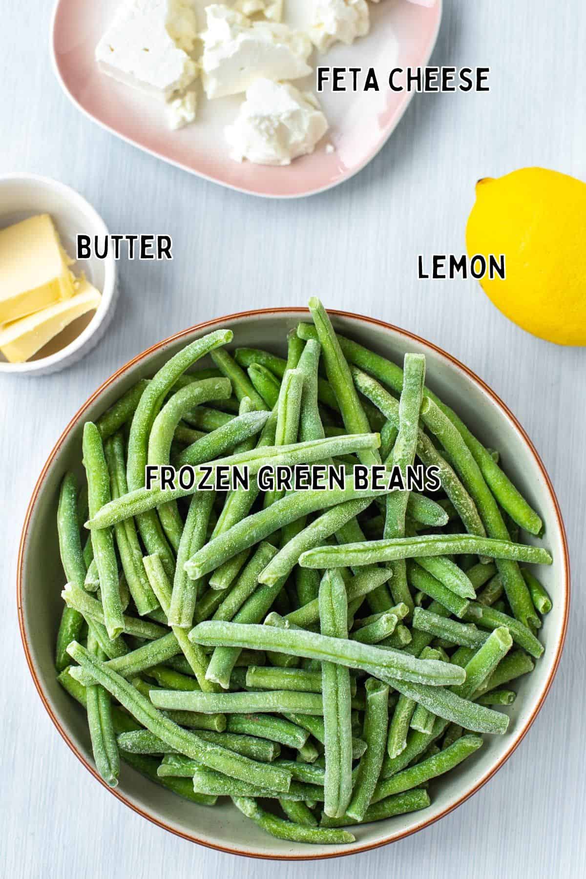 Ingredients for roasted frozen green beans, with text overlay.