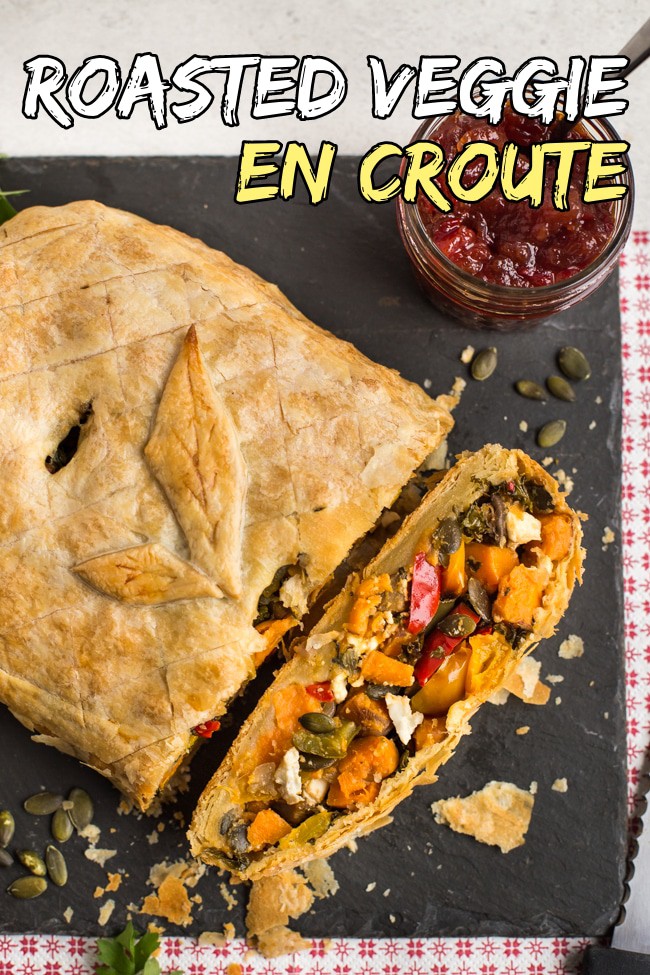 Vegetarian roasted veggie en croute with a slice cut off