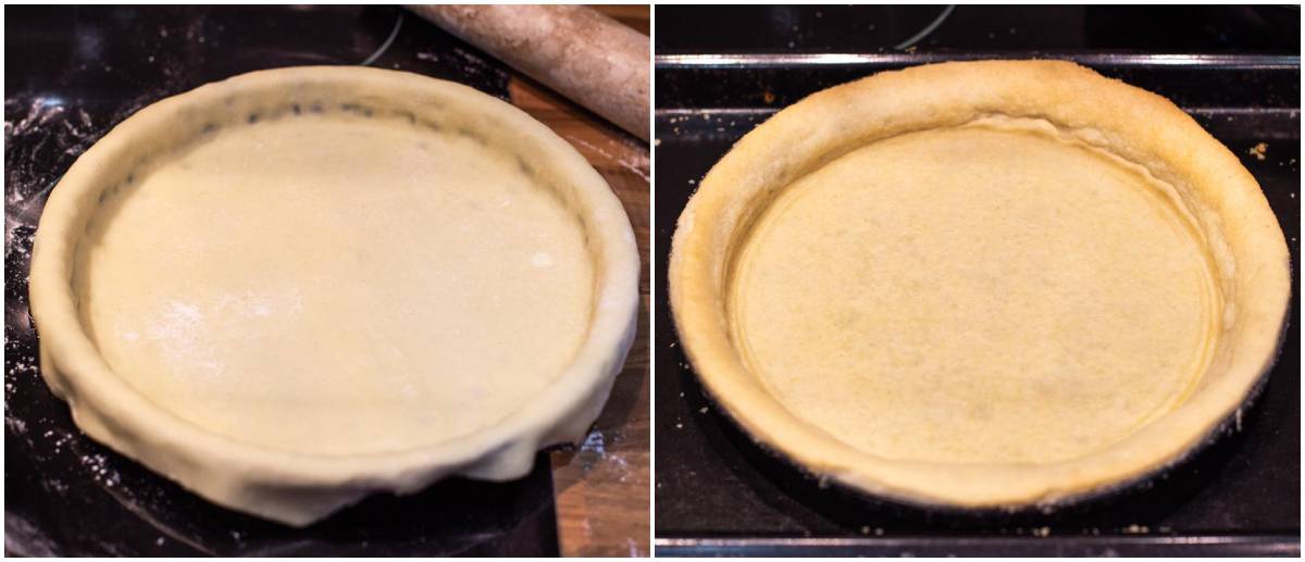 Collage showing shortcrust pie crust before and after baking.