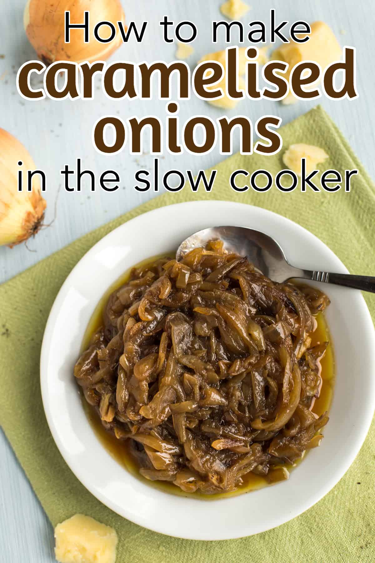 A plateful of caramelised onions on a white plate with a green napkin.