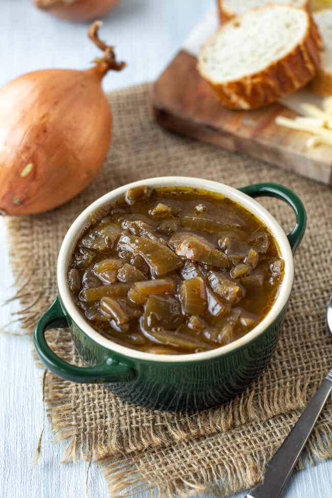 A bowl of slow cooker French onion soup.