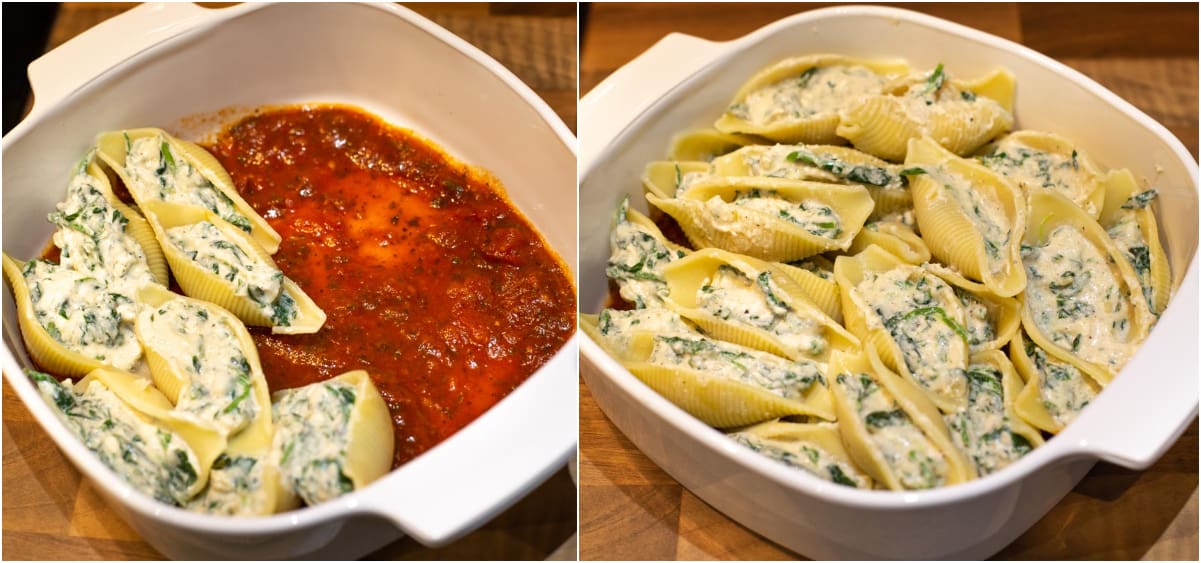 Collage showing stuffed pasta shells being layered into a baking dish with tomato sauce.