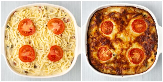 Before and after cooking a vegetable lasagne.