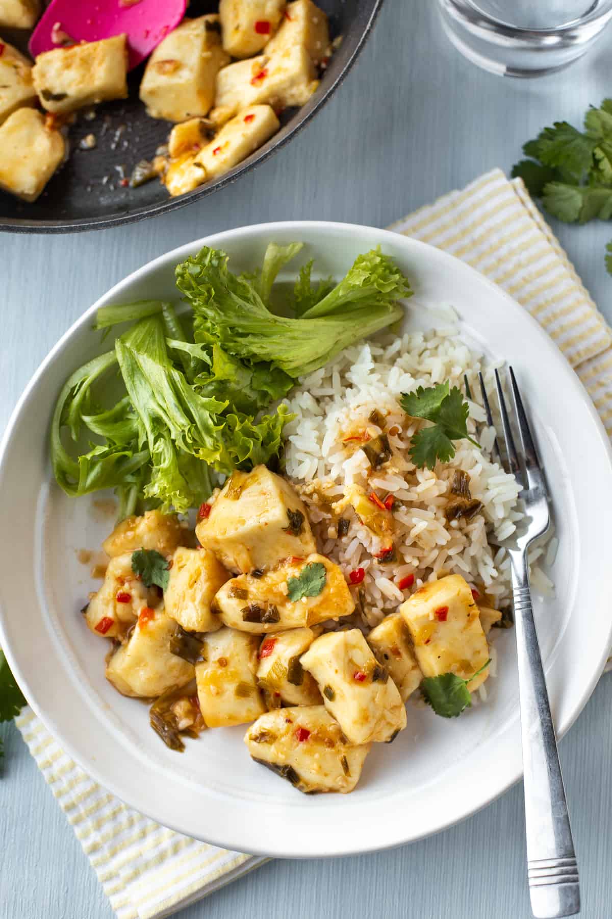 Saucy halloumi cheese in a bowl with rice and salad.