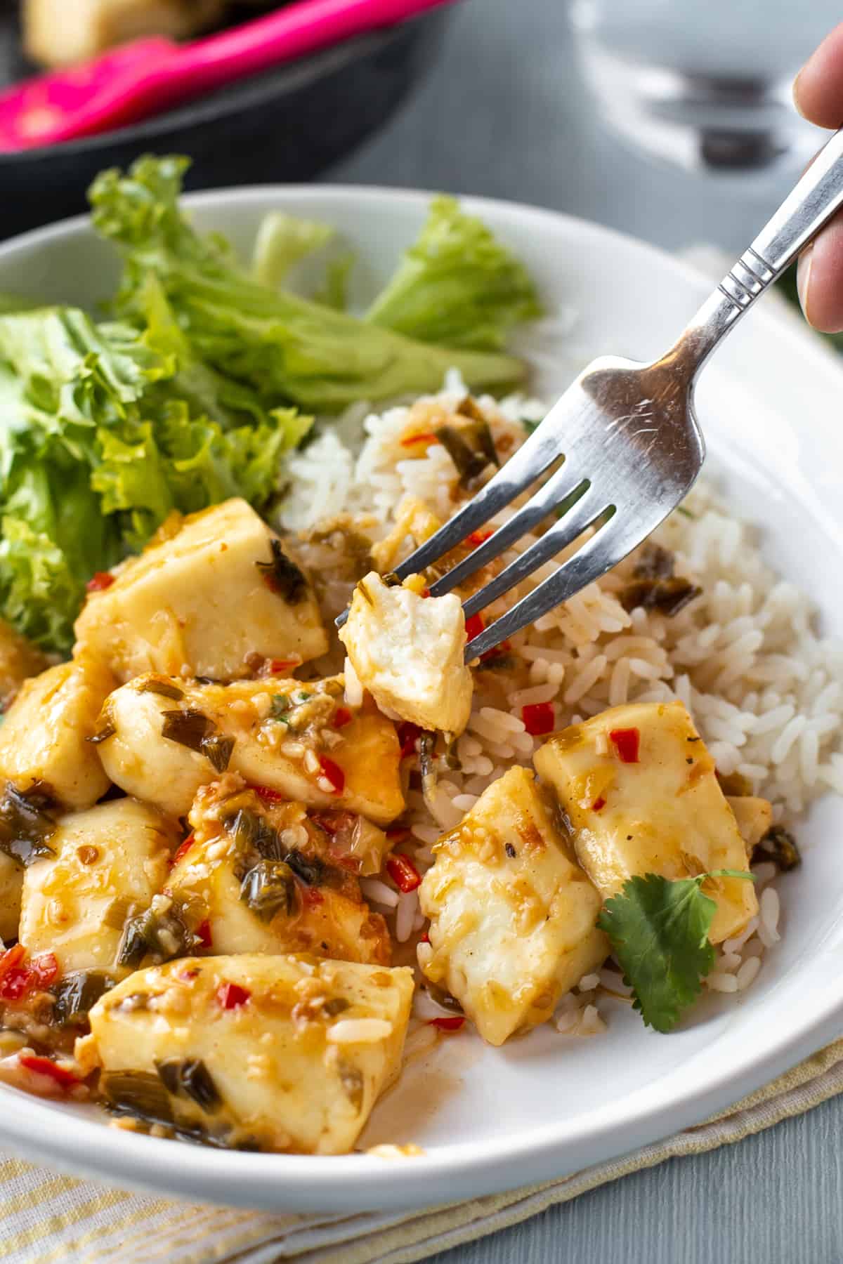 A fork picking up a chunk of saucy halloumi cheese.