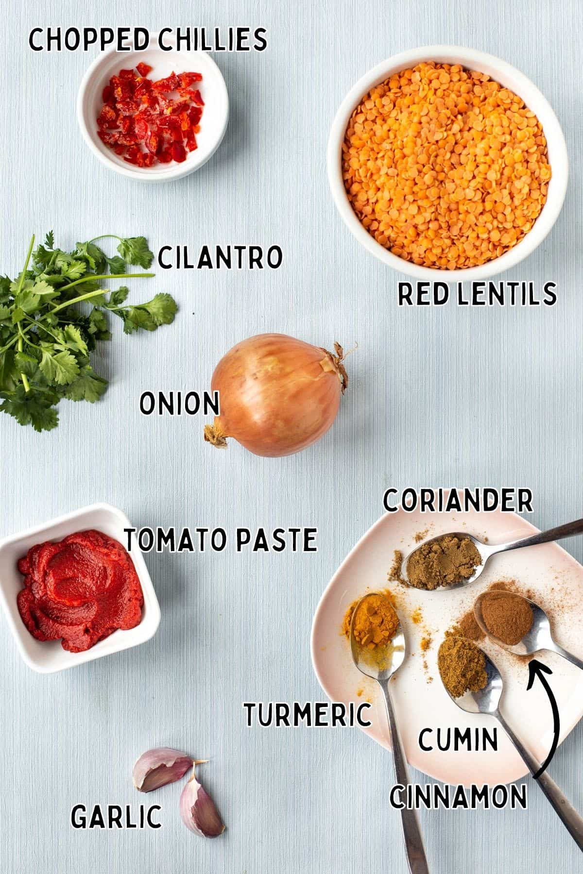 Ingredients for tarka dal (lentil curry) with labels..
