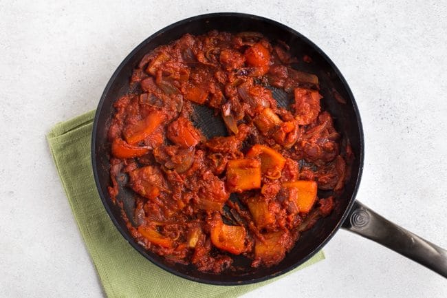 Thick and rich tomato sauce in a frying pan