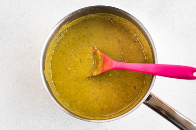 Vegan vegetable gravy in a saucepan