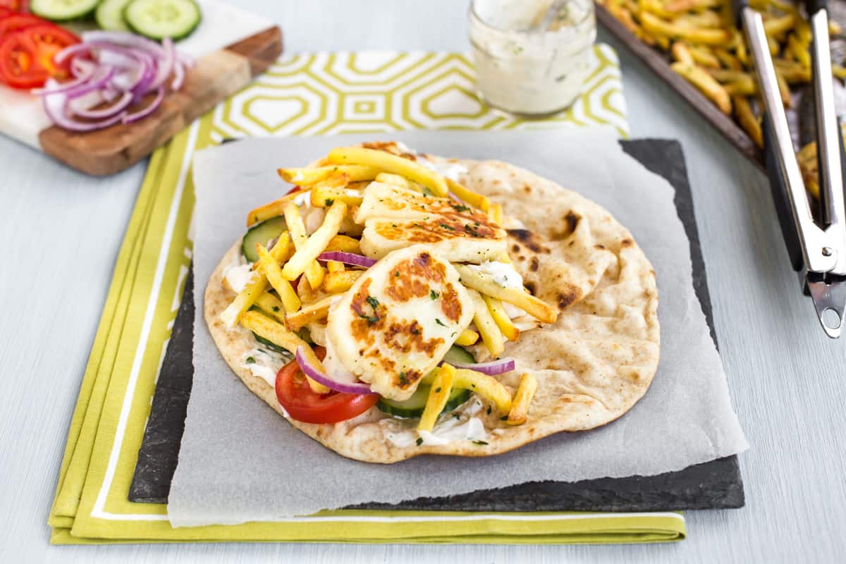 Vegetarian doner kebab with halloumi.