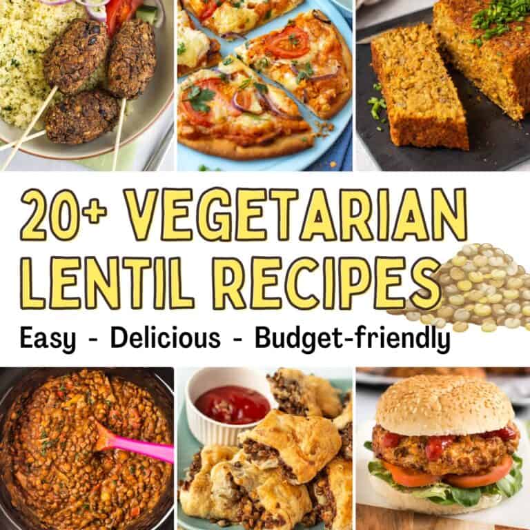 Collage of vegetarian lentil recipes with bold yellow title.