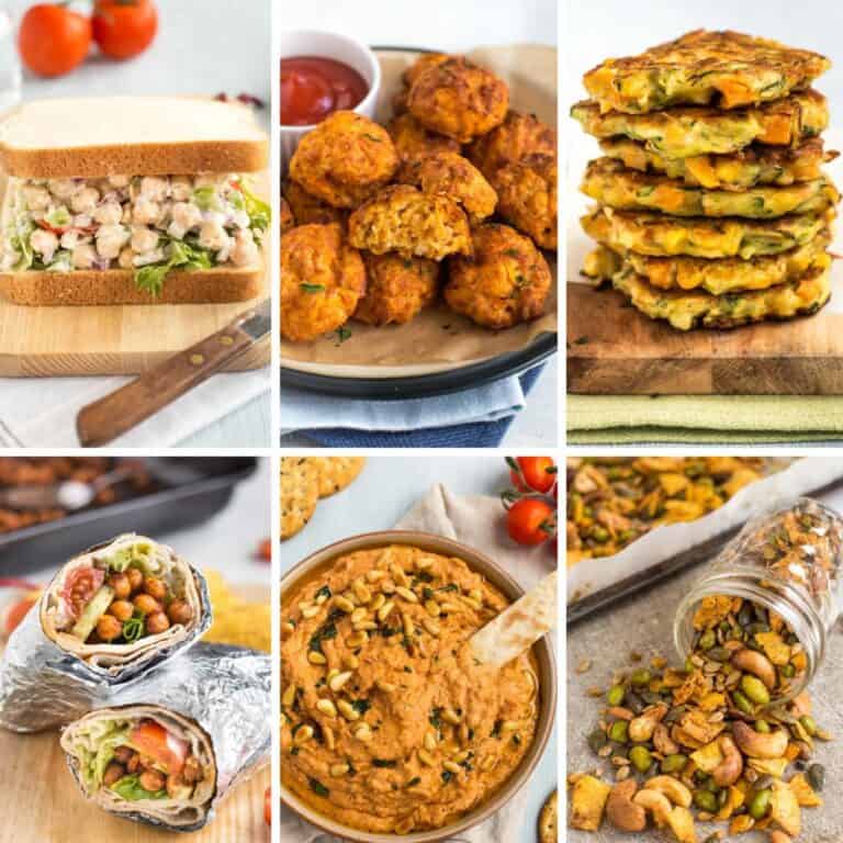A collage showing several vegetarian lunchbox ideas.
