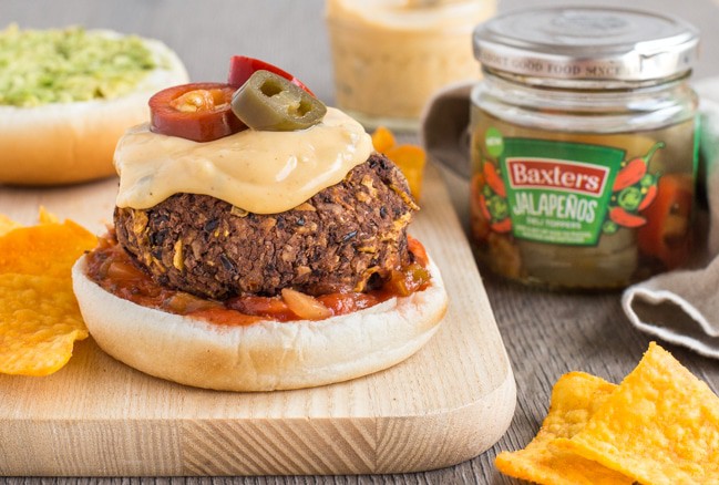 Vegetarian nacho burgers with nacho cheese sauce