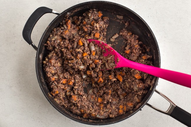 Homemade vegetarian mince being cooked in a frying pan