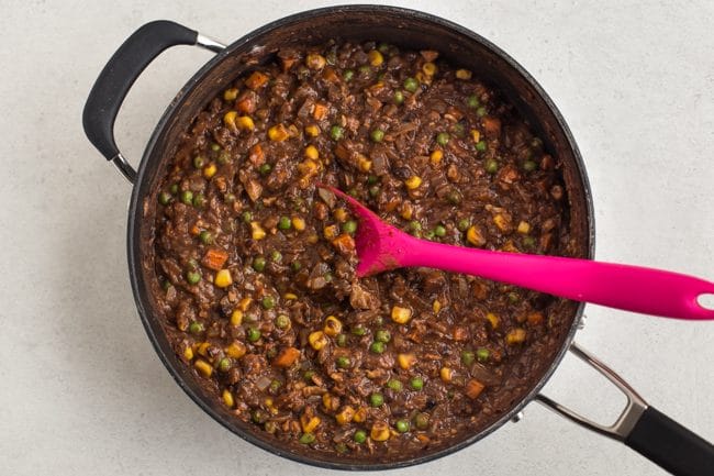 Homemade vegetarian savoury mince in a frying pan with rich gravy