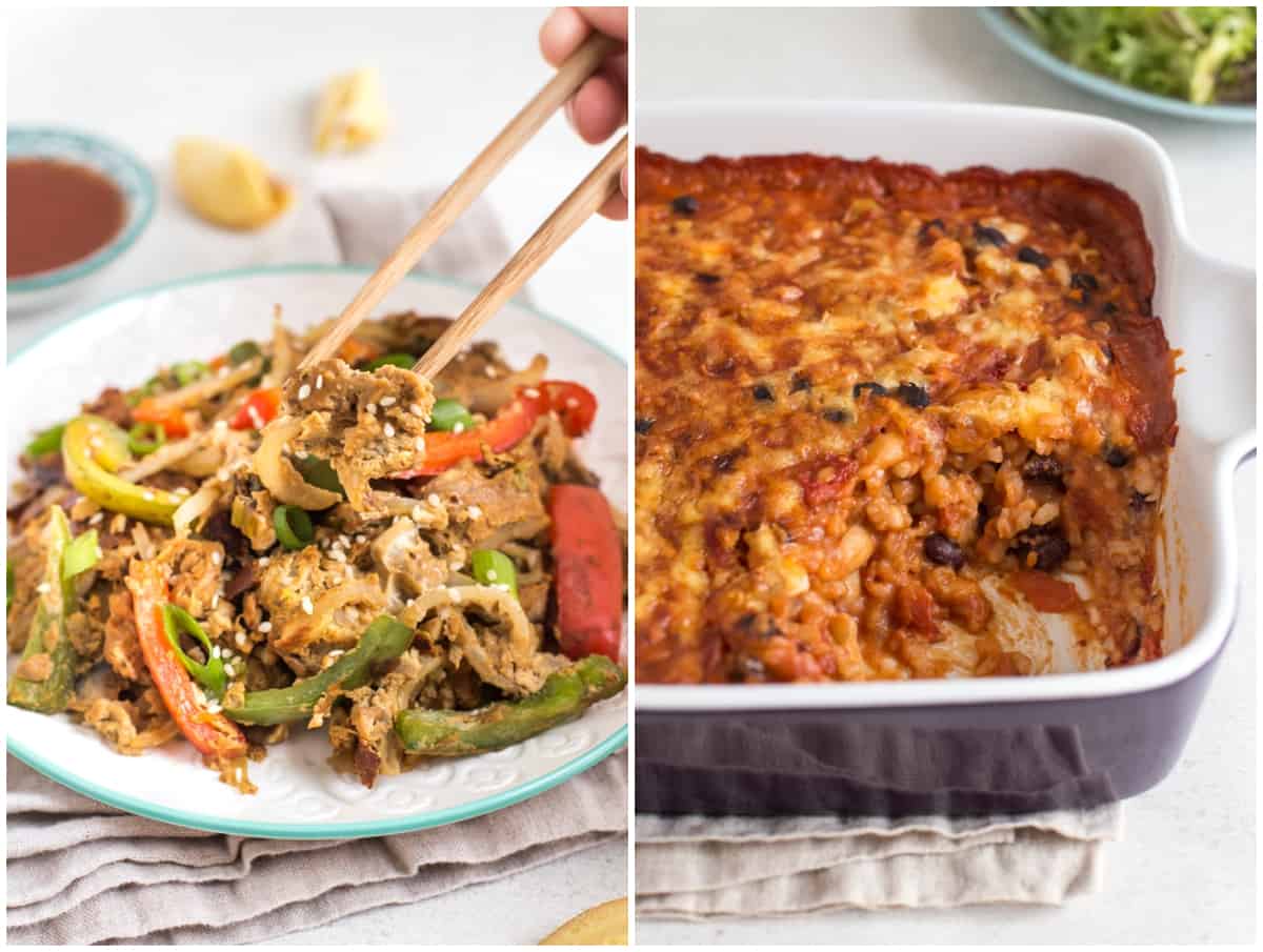 Egg fu yung and cheesy bean bake.