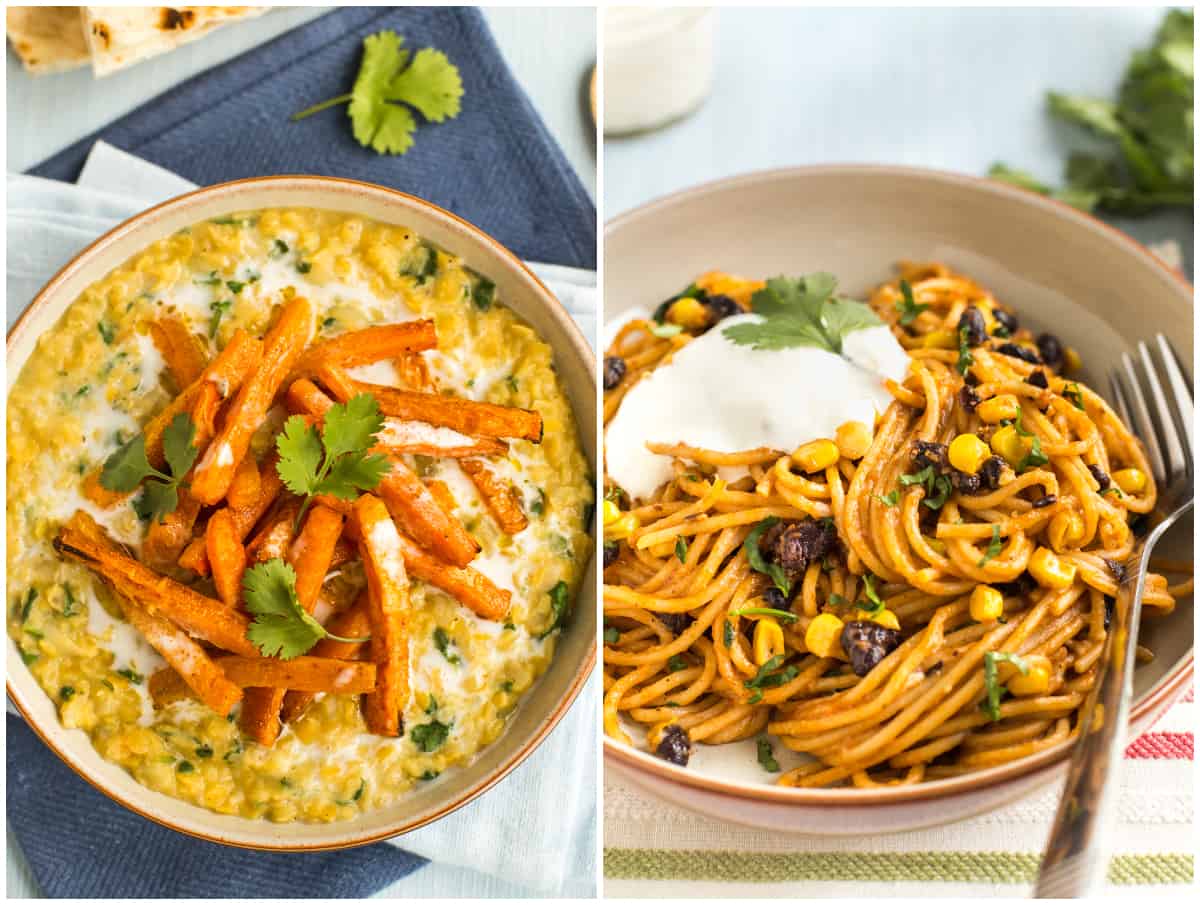 Roasted carrot dal and enchilada noodles.