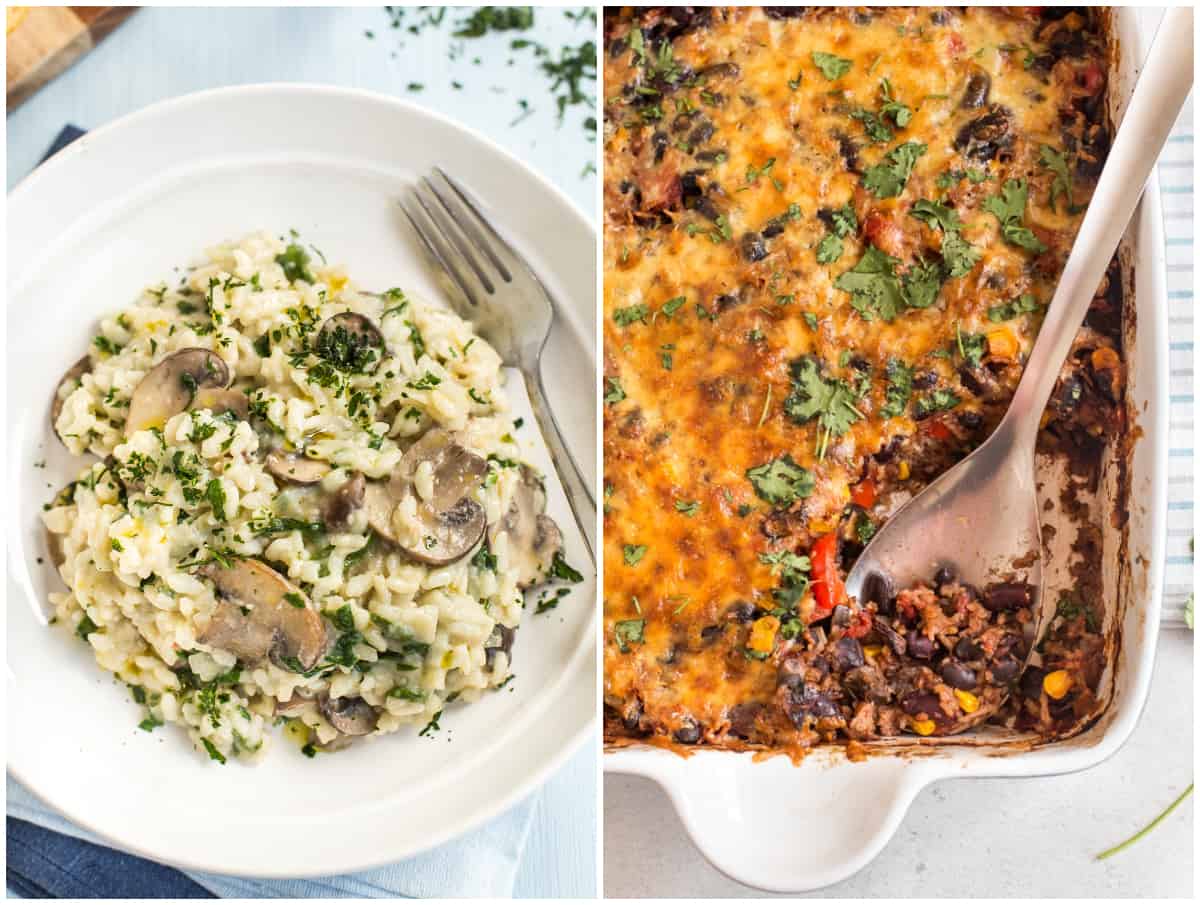 Mushroom risotto and chilli rice bake.